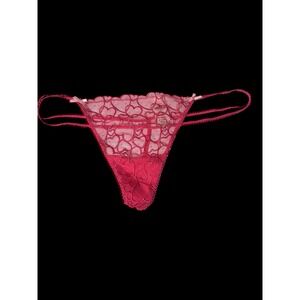 Victorias Secret PINK Heart Embroidered Mesh V-String Thong Panty Pink XL NWT